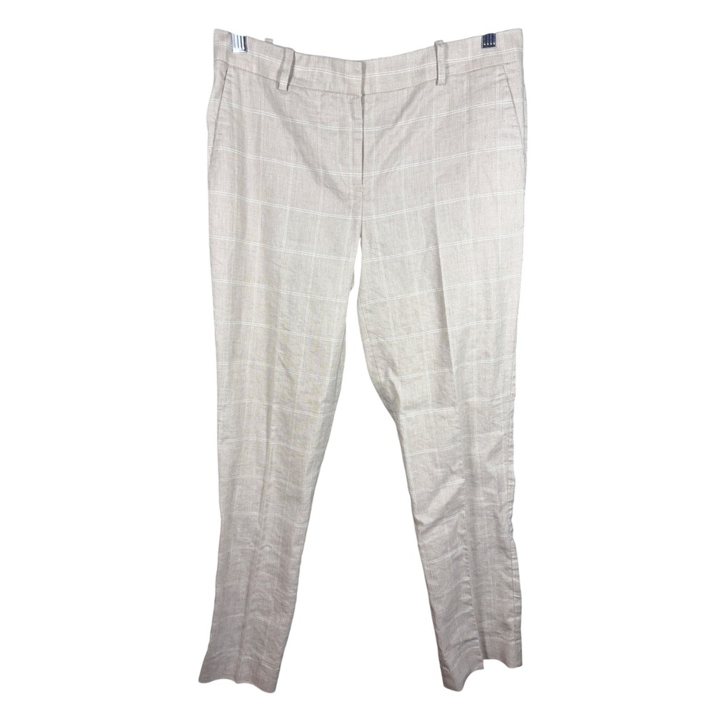 Ann Taylor Beige Windowpane Plaid Linen Blend Slim Leg Trousers Pants Womens